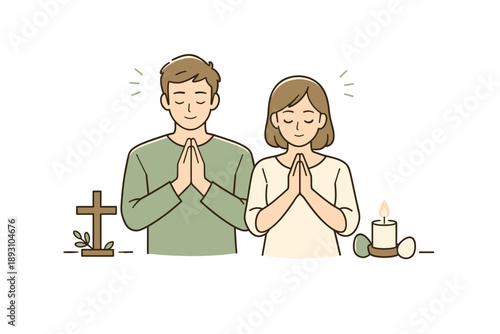 Family prayer for Easter shared by two parents, standing side by side with peaceful expressions and relaxed