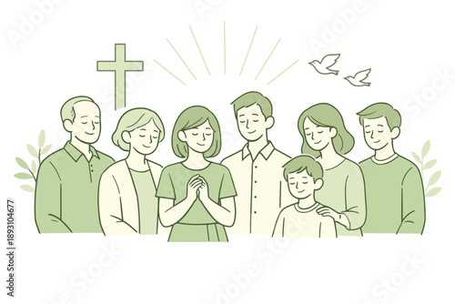 Church gathering on Easter morning, people standing side by side in quiet connection with peaceful expressions