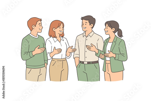 Colleagues gathered for a small office meeting, standing side by side and exchanging thoughts with gentle hand