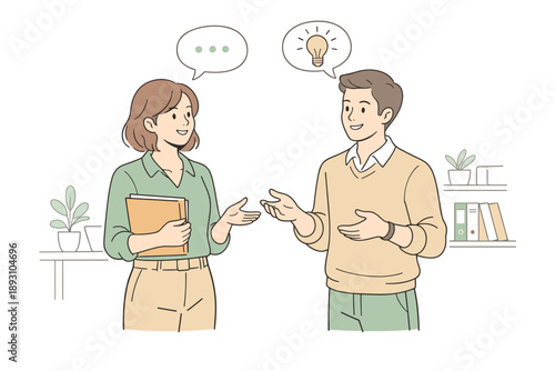 Colleagues working together in a modern office setting, standing side by side and exchanging thoughts with