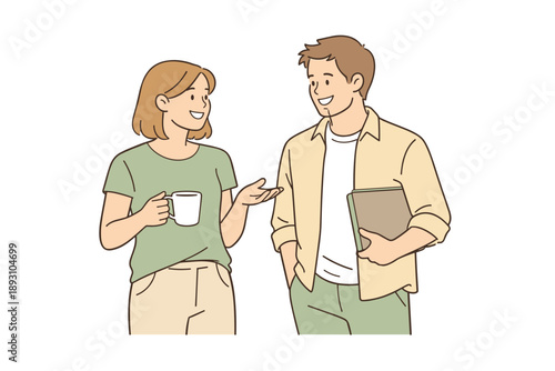 Image Generation. Colleagues chatting casually during a work break, standing side by side with easy smiles and open body language