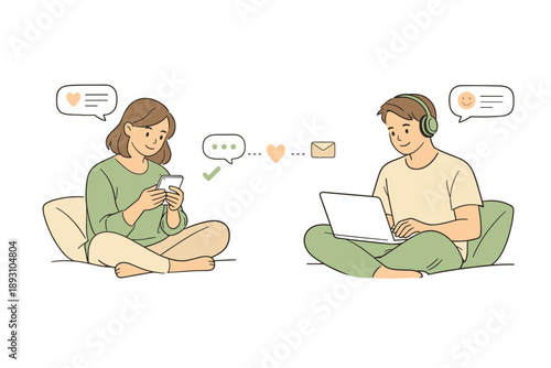  Friends connecting through online chat, two people seated comfortably and holding devices with gentle smiles and