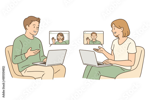 Remote colleagues discussing work during an online meeting, two people seated comfortably and facing laptop