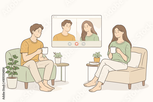 Partners connecting through a home video call, man and woman seated apart yet facing a screen with gentle smiles