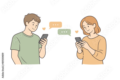 Image Generation. Friends chatting through smartphone messages, two people holding phones and smiling gently with easy body