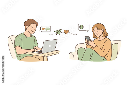 Image Generation. Individuals building online connection through digital communication, seated comfortably and facing screens with