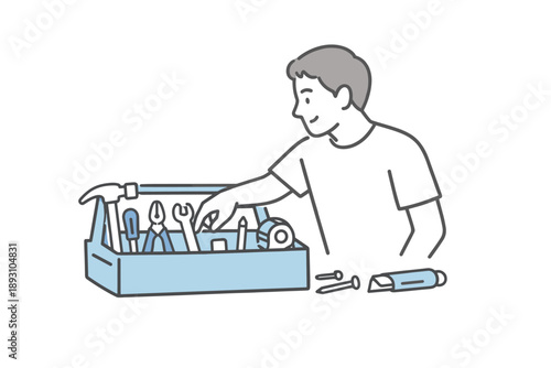 Man reaches toward a toolbox organizing tools with focused relaxed movements Minimalist flat line vector