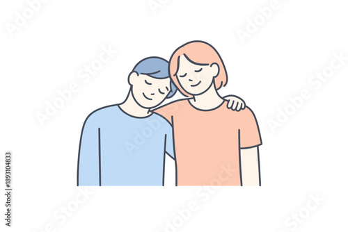 Two friends stand close together sharing a peaceful moment of presence Minimalist flat line vector illustration,