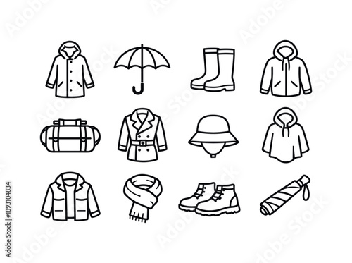Rainy Weather Icon Set. Rainy weather fashion. Line icon set of Rainy weather fashion: raincoat, umbrella, rubber boots, hooded jacket, waterproof bag, trench