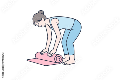 Image Generation. Woman bends slightly aligning edges while folding a yoga mat neatly Minimalist flat line vector illustration,