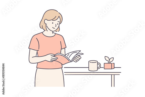 Woman stands near a table flipping through magazine pages quietly Minimalist flat line vector illustration,