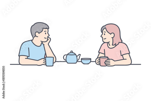 Two friends face each other at a kitchen table chatting during a calm moment Minimalist flat line vector