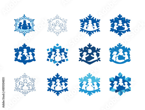 Snowman Contest Logos. Snowman-building contest and snow activities. Icon set. Set Logo of Snowman-building contest and snow activities: snowflake. harmonious