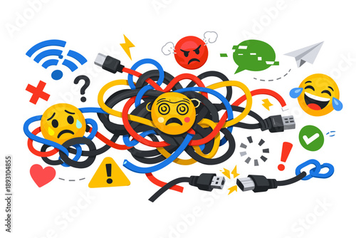 Image Generation. Abstract digital communication breakdown illustrated with knotted cables, expressive emojis, and scattered