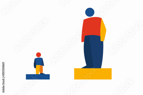 Trust building in business relationships shifting roles as abstract figures exchange relative scale and position