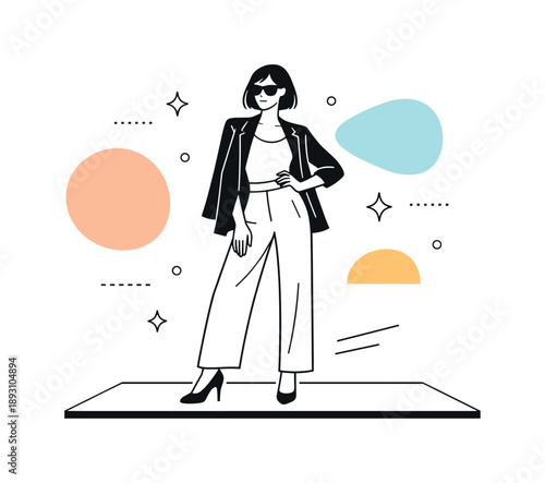 Runway Elegance. Model posing on the runway. Individual striking a confident pose under soft lights with abstract shapes floating around, highlighting style