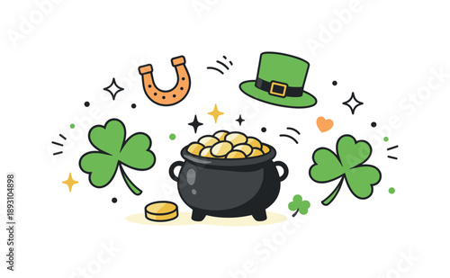 Modern St. Patrick's Symbols. St Patrick?s Day symbols. A clean editorial composition featuring shamrocks, a small pot of gold, and gentle decorative elements