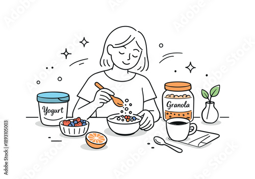 Yogurt Granola Ritual. Healthy breakfast snack. Preparing yogurt and granola in a small bowl, calm self-care morning ritual. Light, airy scene with balanced