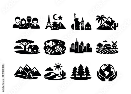 Earth Diversity Icons. Earth Diversity. Solid icon set of Earth Diversity: people of world, cultural symbols, landmarks mix, nature biomes, wildlife icons,