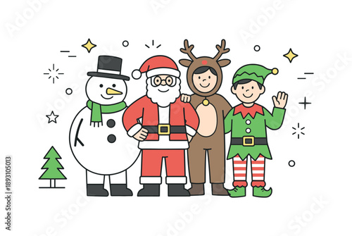 Festive Costume Gathering. Holiday character costumes event. Small group standing together in themed outfits, calm joy and community celebration