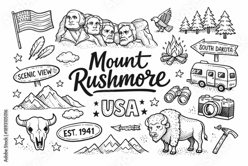 Mount Rushmore hand drawn doodle elements set, center hand-lettered title, black & white vector line art, bold