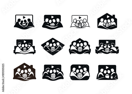 Cozy Movie Night Icons. Friends enjoying a cozy movie night at home with popcorn and blankets. Icon set. Set Logo of Friends enjoying a cozy movie night at
