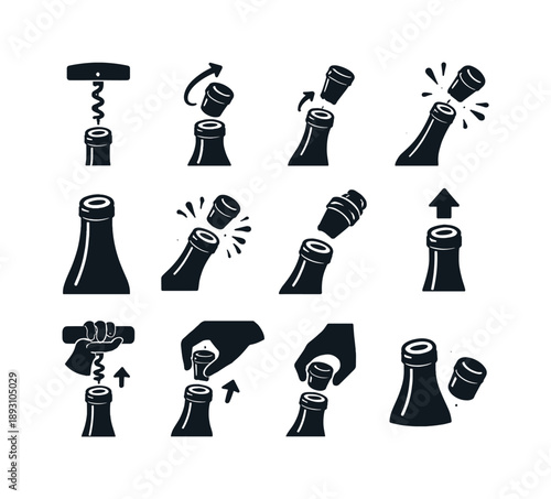 Bottle Opening Icons. Bottle opening. Solid icon set of bottle opening: corkscrew spiral, twisting motion icon, cork extraction symbol, bottle neck, open