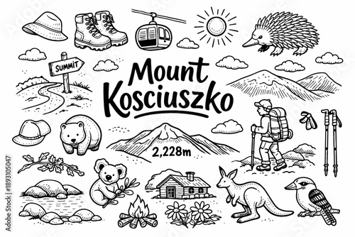 Image Generation. Mount Kosciuszko hand drawn doodle elements set, center hand-lettered title, black & white vector line art, bold