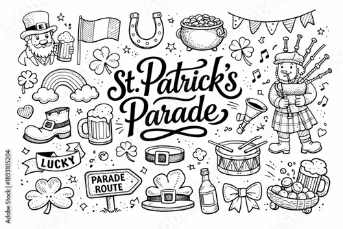 St Patrick’s parade hand drawn doodle elements set, center hand-lettered title, black & white vector line art,