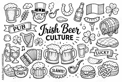 Irish beer culture hand drawn doodle elements set, center hand-lettered title, black & white vector line art,