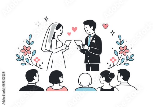 Elegant Vows Exchange. Wedding ceremony scene. Bride and groom exchanging vows in front of a simple crowd, soft floral elements and minimal heart icons around.