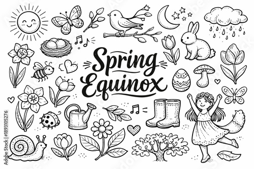 Image Generation. Spring Equinox hand drawn doodle elements set, center hand-lettered title, black & white vector line art, bold