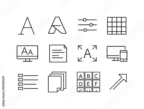 Modern Font Icons. Modern Fonts. Line icon set of Modern Fonts: minimalist letter A, geometric type shape, variable font slider, clean grid layout, digital
