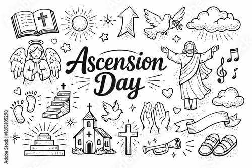 Image Generation. Ascension Day hand drawn doodle elements set, center hand-lettered title, black & white vector line art, bold