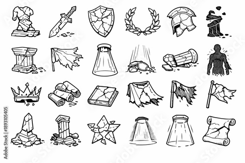 Line style icons of unstable hero archetype: broken statue, cracked sword, shattered shield, torn laurel wreath,