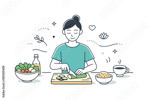Mindful Meal Preparation. Food for meditation and mindfulness. A calm person preparing a simple healthy meal in silence, slow movements and gentle focus. The