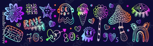 Neon psychedelic doodle hand drawn vector set. Ultra acid holographic glow isolated symbols. Mushroom, eye, hearts, ghosts, whimsical characters. Hologram gradient groovy retro cliparts