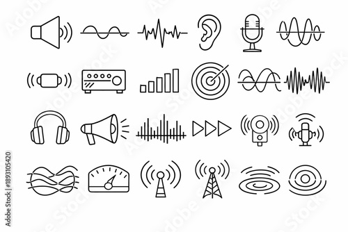 Line style icons of subsonic signaling: speaker, low-frequency wave, waveform line, ear silhouette, microphone,