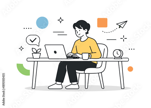 Peaceful Remote Work. Working from home. A person sitting at a desk with a laptop, calmly focusing on tasks in a cozy home environment. Quiet productivity and