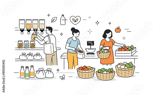 Plastic-Free Shopping. People shopping without plastic. A minimal grocery scene with shelves of unpackaged goods and customers selecting items calmly. Clear
