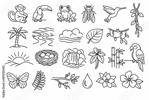 Image Generation. Line style icons of tropical forest morning: monkey, toucan, frog, cicada, hummingbird, palm tree, river, mist,