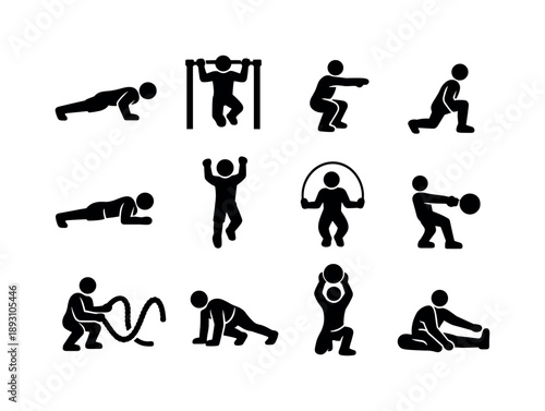 Fitness Icon Set. Fitness Training Motion. Solid icon set of Fitness Training Motion: push-up, pull-up, squat, lunge, plank hold, burpee jump, jump rope,