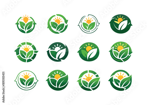 Renewable Energy Icon Set. Renewable energy credits. Icon set. Set Logo of Renewable energy credits: carbon-neutral certification icon. harmonious logo