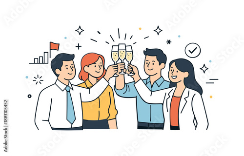 Team Celebration Cheers. Cheering with champagne success. Colleagues celebrating an achievement with raised glasses. Sense of accomplishment and team spirit.