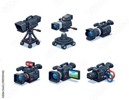 Broadcast Camera Icons. Broadcast camera. Isometric flat vector icons set of broadcast camera: television studio camera, camera on rolling pedestal, camera