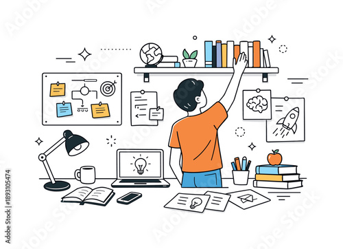 Creative Learning Space. Self education scene. A workspace filled with books, sketches, sticky notes, and a person reaching for a shelf. Editorial-style