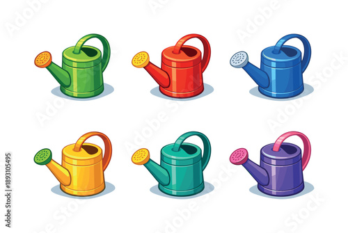 Isometric Watering Cans. Watering can. Isometric flat vector icons set of watering can: classic watering can body, curved handle grip, long spout nozzle,
