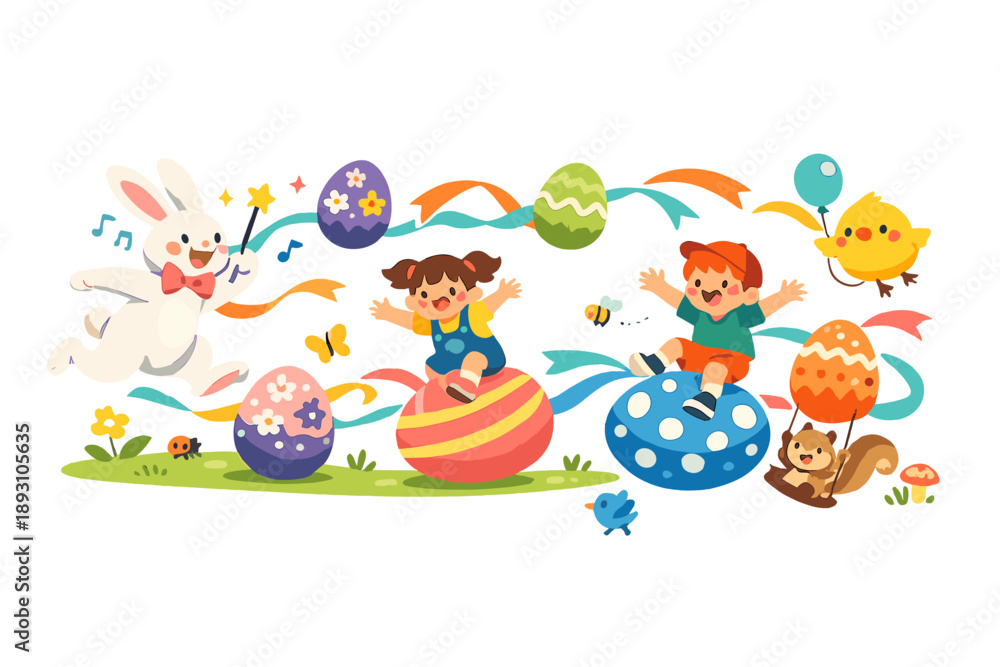 Fototapeta premium Playful Bunny Parade. Open spring park scene showing a playful bunny leading children through a trail of floating eggs and ribbons