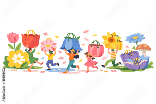 Image Generation. Blooming park landscape filled with oversized flowers transforming into vibrant shopping bags carried by