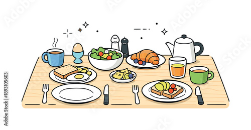 Modern Kitchen Atmosphere. Kitchen lifestyle. A modern kitchen table set for a small meal, with plates, cups, and fresh food. Clean editorial composition
